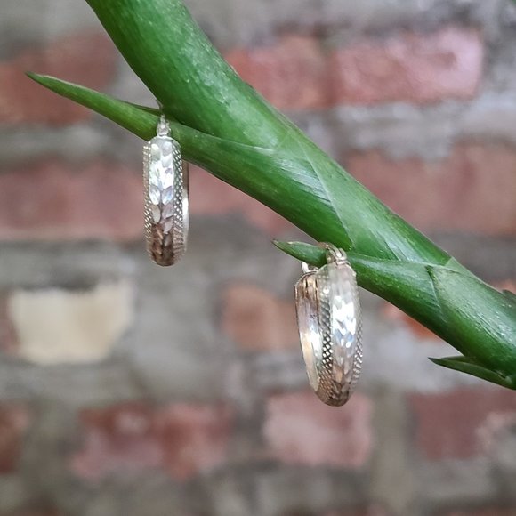 Sterling Silver Etched Small Hoop Earrings - Picture 3 of 12